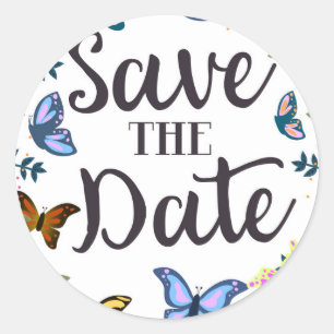 Sticker Rond Sauvegarder la Date Papillons Vintage.