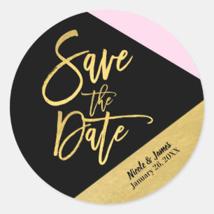 Sticker Rond Sauver la date Black Pink Or Feuille Moderne Scrip