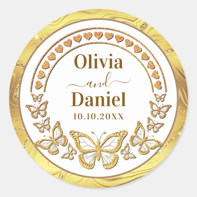 Sticker Rond Sauver la date, papillons dorés et cœurs (Devant)