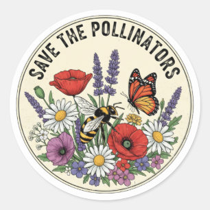 Sticker Rond Sauver le pollinisateur avec abeille, papillon et