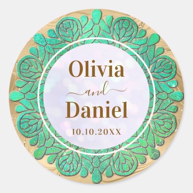 Sticker Rond Sauvez la date, Elegant Moderne Turquoise Mandala (Devant)