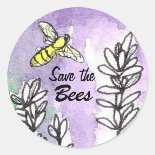 Sticker Rond Sauvez l'aquarelle de fleurs de lavande d'abeilles