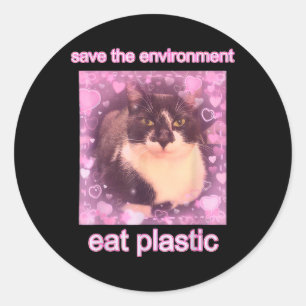 Sticker Rond Sauvez L'Environnement Mangez Plastique Drôle Méla