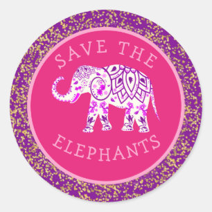 Sticker Rond Sauvez les éléphants Boho rose Paisley Parties sci