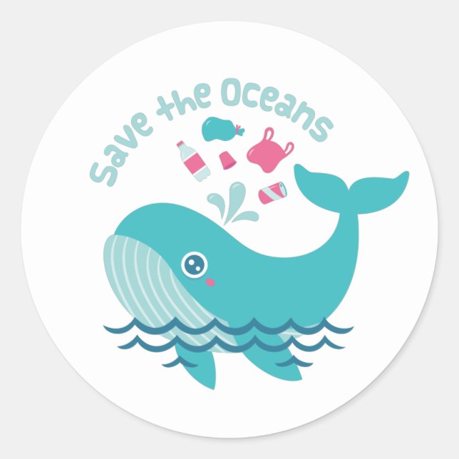 Sticker Rond Sauvez les océans, Baleine mignonne plaide (Devant)