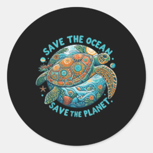 Sticker Rond Sauvez L'Océan Sauvez La Planète Mignonne Tortue D