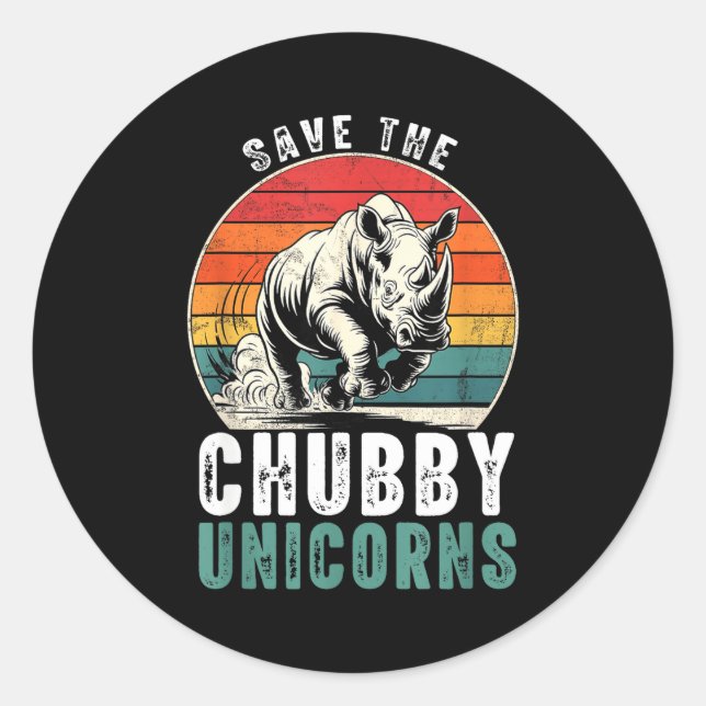 Sticker Rond Save The Chubby Unicorns Funny Retro Rhino Animal  (Devant)