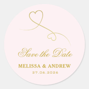Sticker Rond Save the date   Deux Coeurs d'or Mariage rose pâle