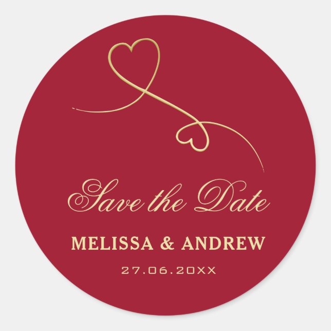 Sticker Rond Save the date | Gold Hearts Bourgogne Mariage rose (Devant)