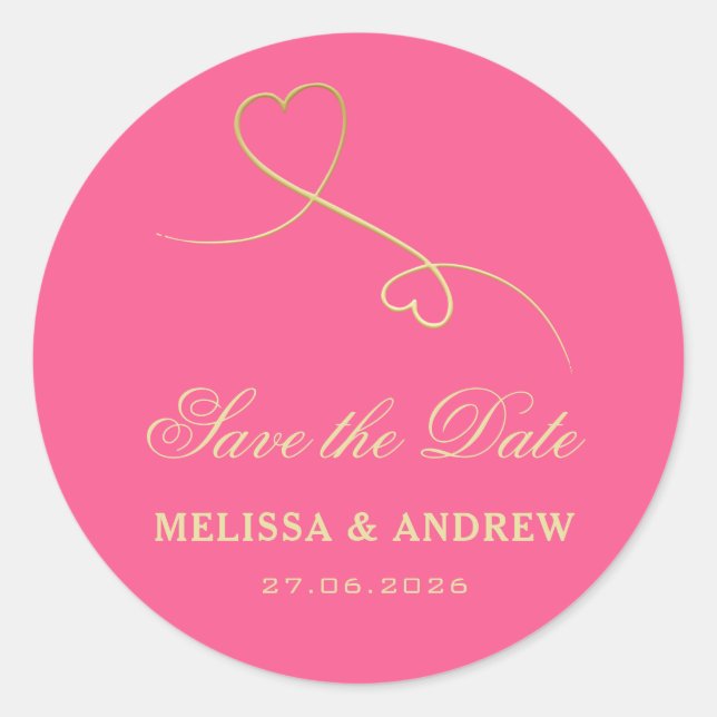 Sticker Rond Save the date | Gold Hearts Fuchsia Mariage rose (Devant)