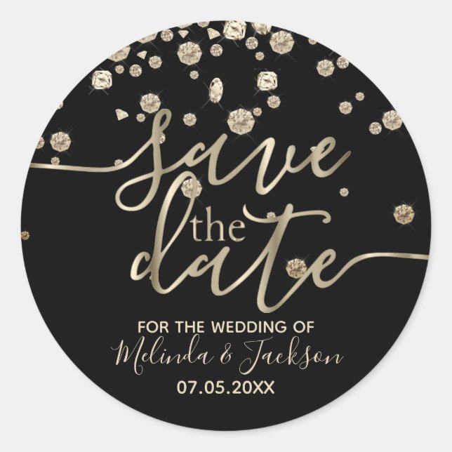 Sticker Rond Save the date | Noir avec diamants d'or (Devant)
