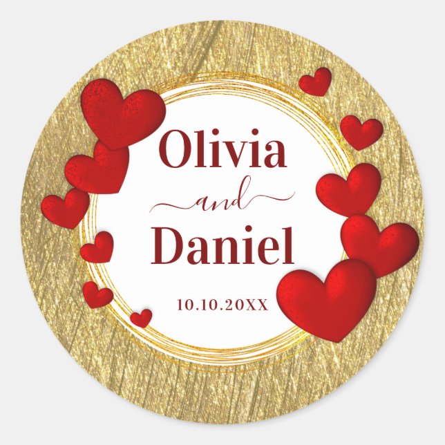 Sticker Rond Save the Date, Personalized Wedding Red Hearts  (Devant)