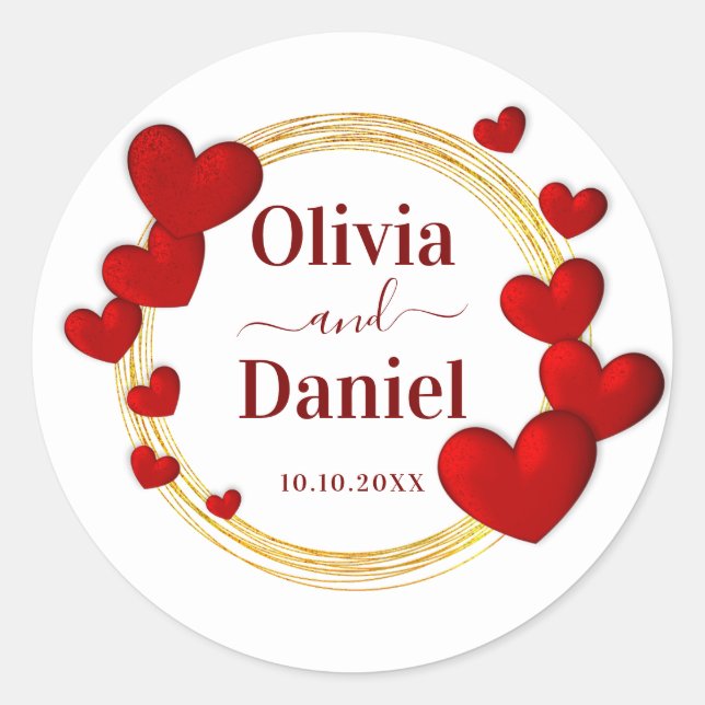Sticker Rond Save the Date, Personalized Wedding Red Hearts  (Devant)