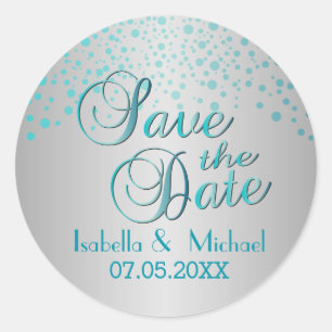 Sticker Rond Save the date Points bleus turquoise Personnal