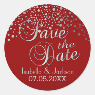 Sticker Rond Save the date Points d'argent et rouge Personn