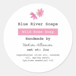Sticker Rond Savon artisanal rose floral avec liste d'ingrédien