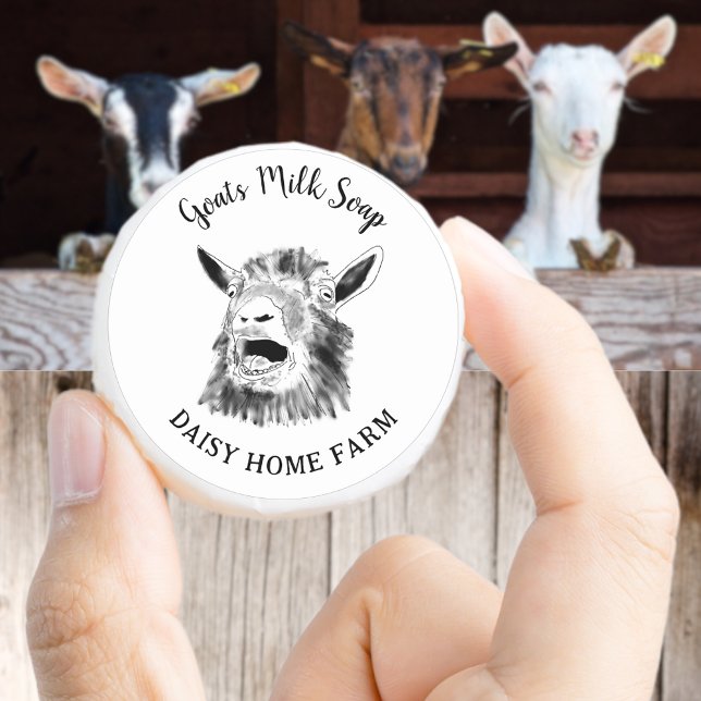 Sticker Rond Savon au Lait de Chèvre Ferme Drôle Chèvre Hurle (Goats milk soap custom black and white small business produce label funny screaming goat drawing)