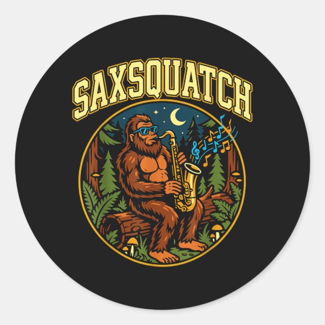 Sticker Rond Saxsquatch Bigfoot Saxophone Player Jazz Music Hum (Devant)