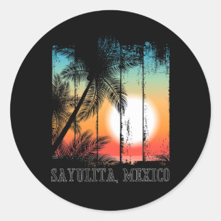 Sticker Rond Sayulita Mexico Beach Palms Vacances Surf Sundown