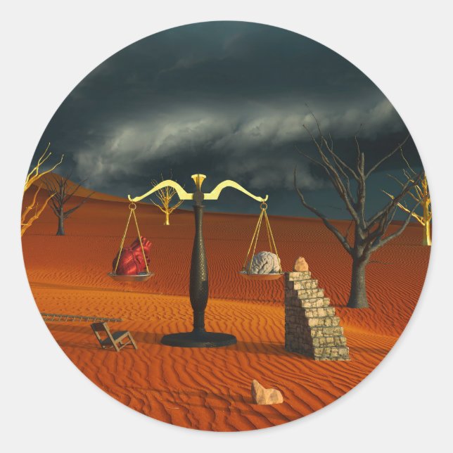 Sticker Rond Scales of Truth – Surreal Desert Symbolism (Devant)
