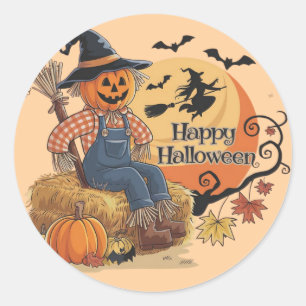 Sticker Rond Scarecrow Citrouille Halloween Vibes rustiques Art