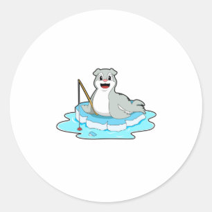 Sticker Rond Sceau à la pêche avec canne à pêche