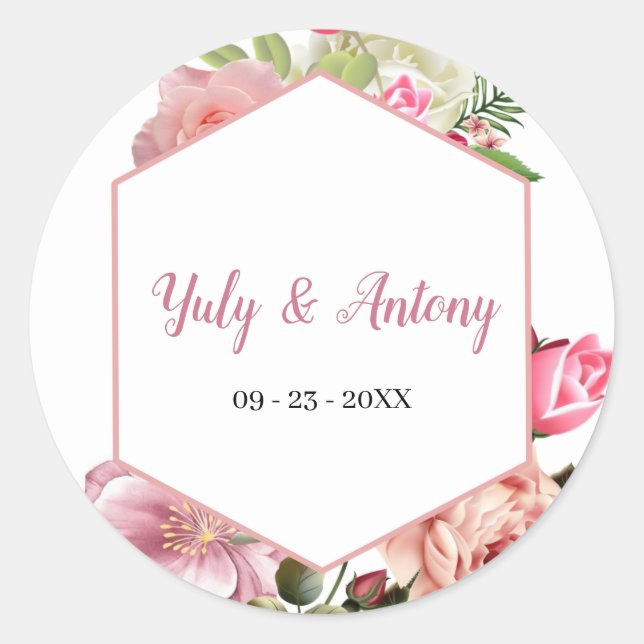 Sticker Rond Sceau Adhésif Hexagonal Floral Rose Chic (Devant)