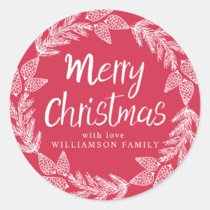 Sticker Rond Sceau blanc Merry Christmas Wreath Red Enveloppe
