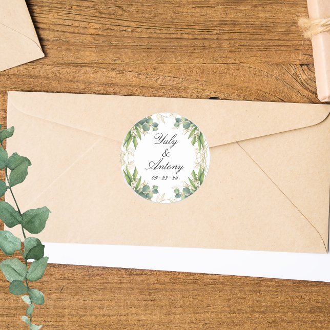Sticker Rond Sceau botanique or Eucalyptus vert (Stickers Set Green Botanical Plants for wedding envelopes)