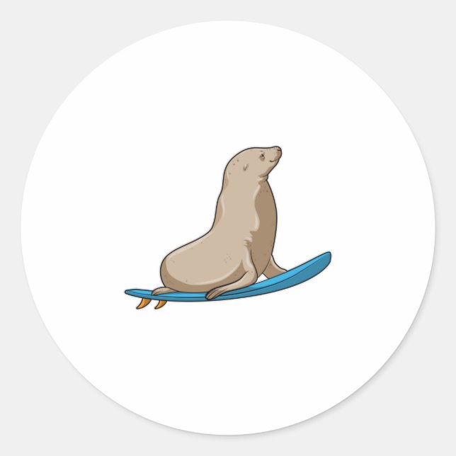 Sticker Rond Sceau comme surfeur avec Surfboard (Devant)