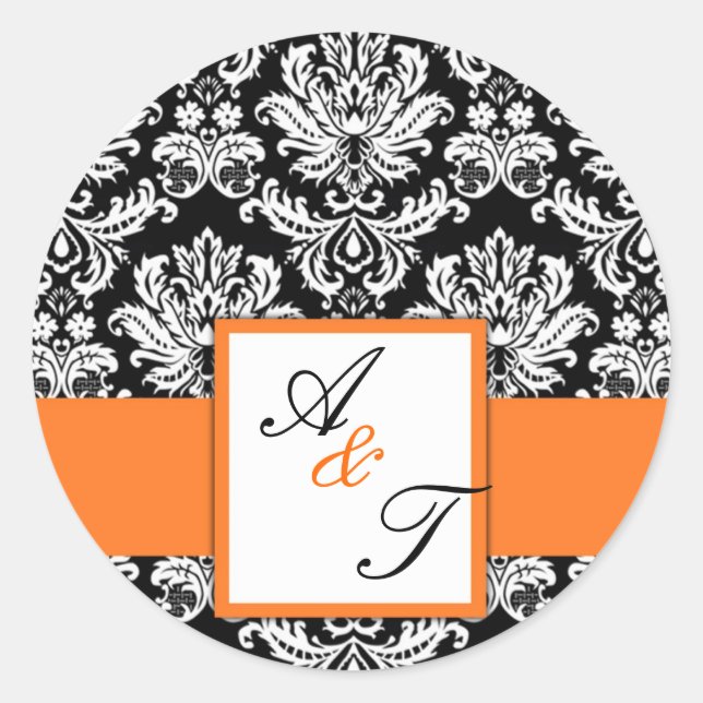 Sticker Rond Sceau Damask Mariage Monogramme orange (Devant)