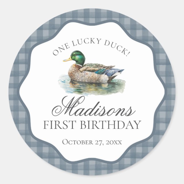 Sticker Rond Sceau d'anniversaire garçon Gingham Canard colvert (Devant)