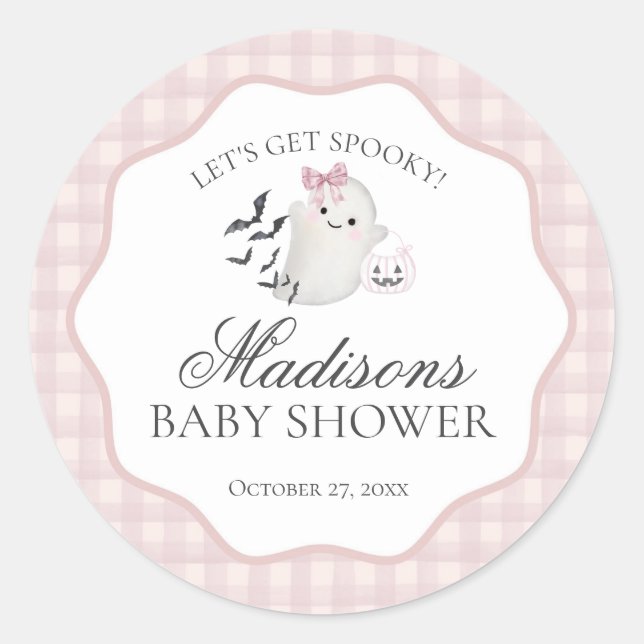 Sticker Rond Sceau de Baby Shower Fantôme Little Boo Pastel Ros (Devant)