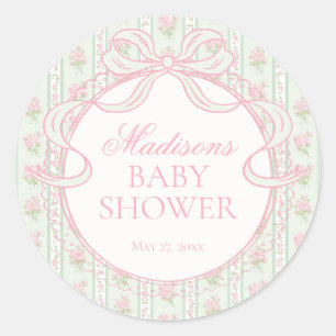 Sticker Rond Sceau de Baby Shower Floral Fancy Vintage Vert