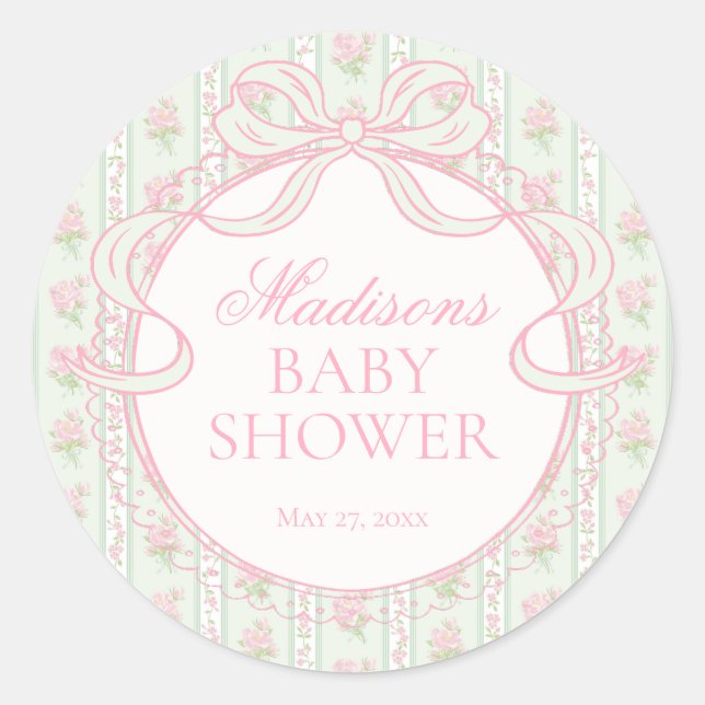 Sticker Rond Sceau de Baby Shower Floral Fancy Vintage Vert (Devant)