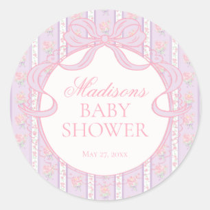 Sticker Rond Sceau de Baby Shower Floral Fancy Vintage Violet