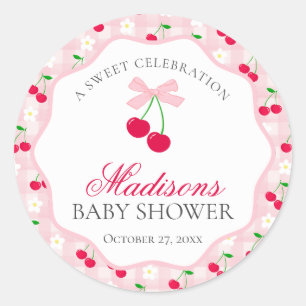Sticker Rond Sceau de Baby Shower Rose Sucré Cerise Coquette