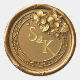 Sticker Rond Sceau de cire de mariage à monogramme violet de l'