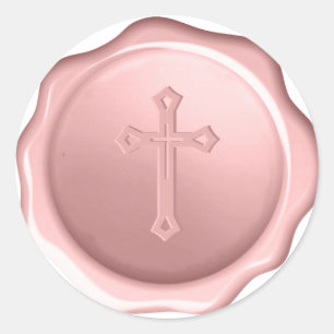 Sticker Rond Sceau de cire religieux rose poussiéreux à croix e