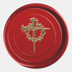 Sticker Rond Sceau de cire rouge Or Jésus Croix religieuse