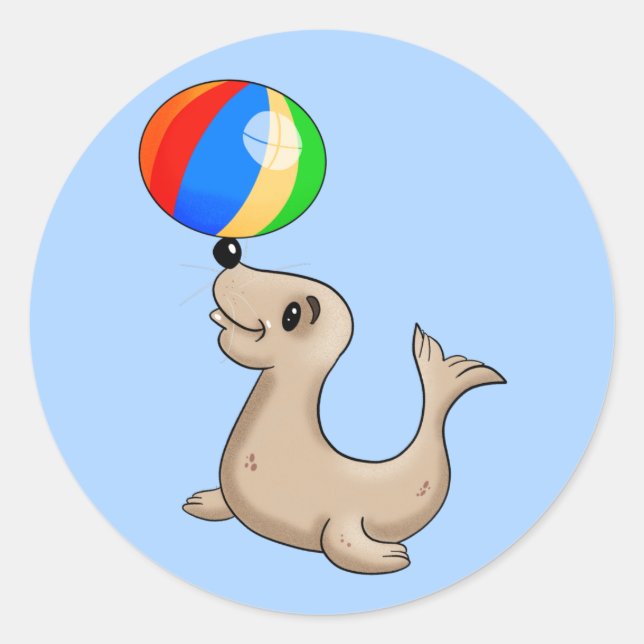 Sticker Rond Sceau de dessin animé jouant avec balle (Devant)