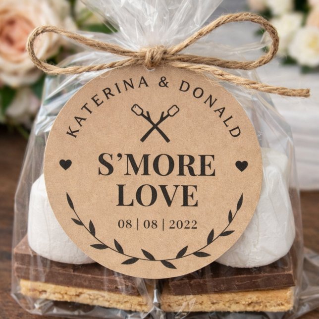 Sticker Rond Sceau de faveur de mariage Rustic Kraft S'more Lov (Rustic S’more Love Favor Tags for Wedding or Bridal Shower Treat Bags)