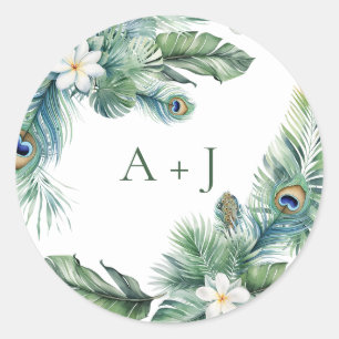 Sticker Rond Sceau de l'enveloppe de mariage Paon Indien Tropic