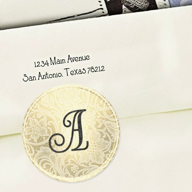 Sticker Rond Sceau de mariage à dentelle or noir Monogramme (Créateur téléchargé)