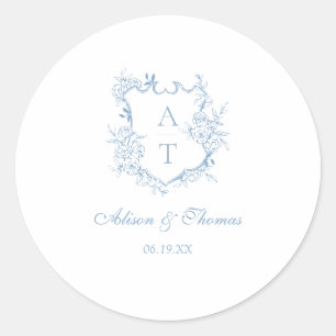 Sticker Rond Sceau de mariage à l'emblème de monogramme bleu po