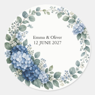 Sticker Rond Sceau de mariage à l'hortensia bleu et à l'eucalyp