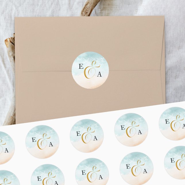 Sticker Rond Sceau de mariage à monogramme de plage Boho (Créateur téléchargé)