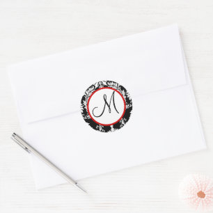 Sticker Rond Sceau de mariage à monogramme en damas noir