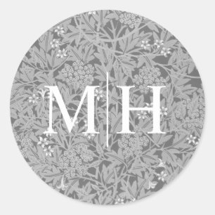 Sticker Rond Sceau de mariage à monogramme floral gris simple