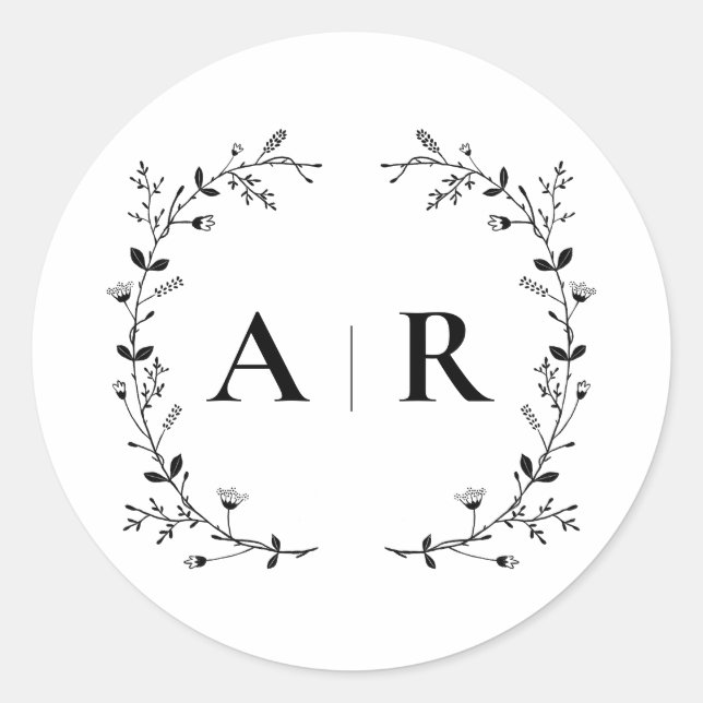 Sticker Rond Sceau de mariage à motif de vignes, monogramme (Devant)
